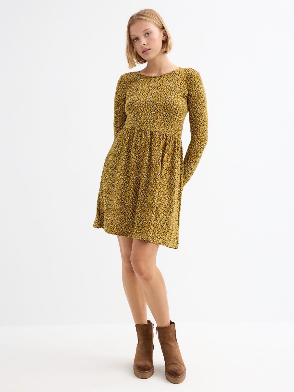 Flared animal print dress mustard general front view