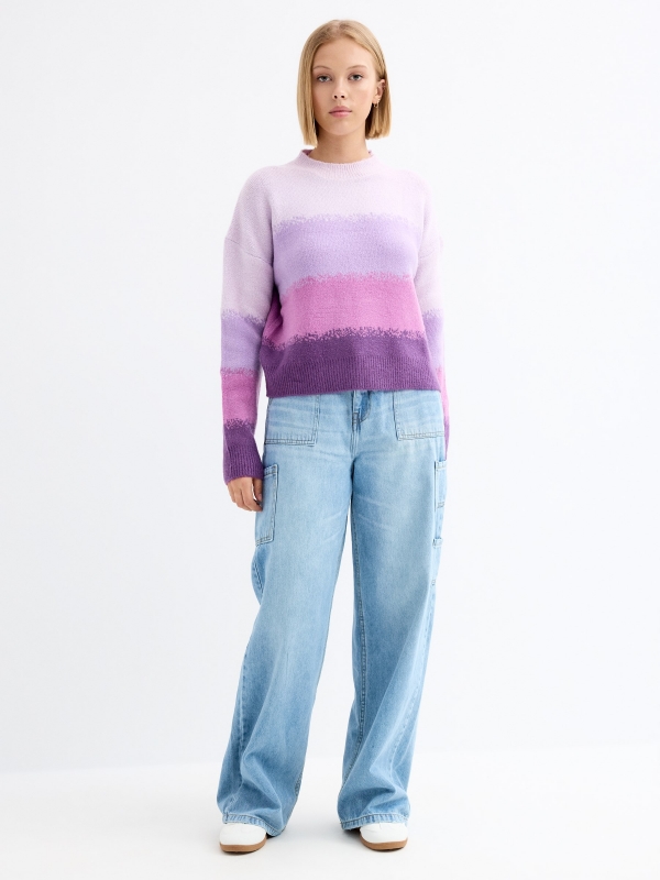 Striped knitted sweater mauve general front view