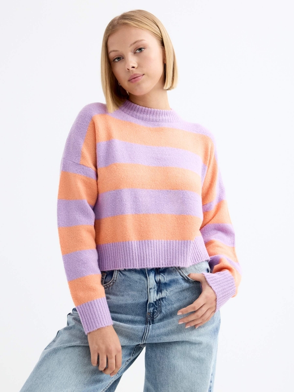 Oversized striped crop sweater lilac middle front view