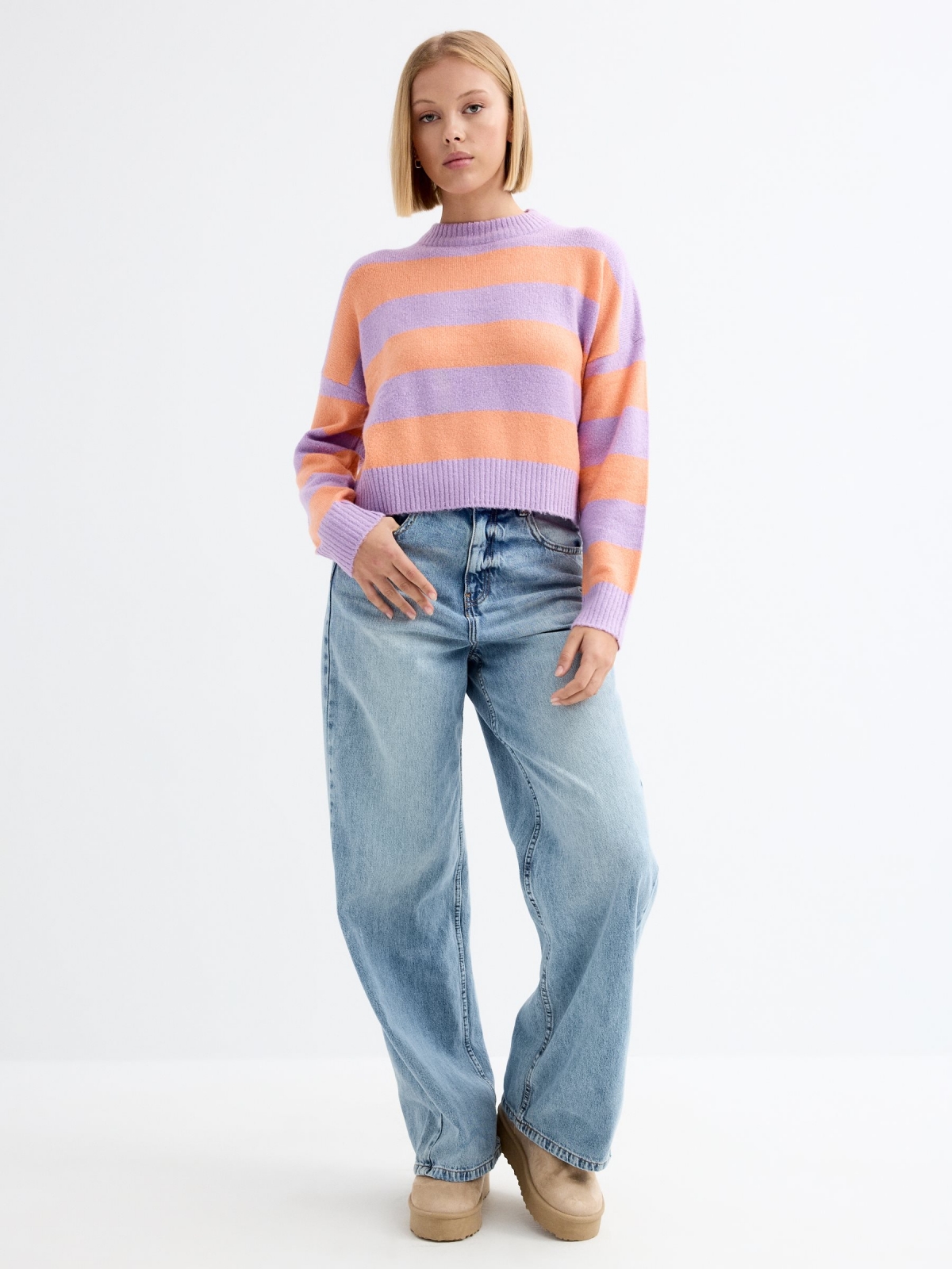 Oversized striped crop sweater lilac general front view