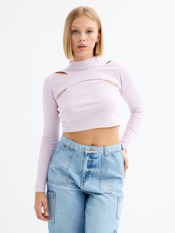 Tight crop cut out t-shirt mauve middle front view