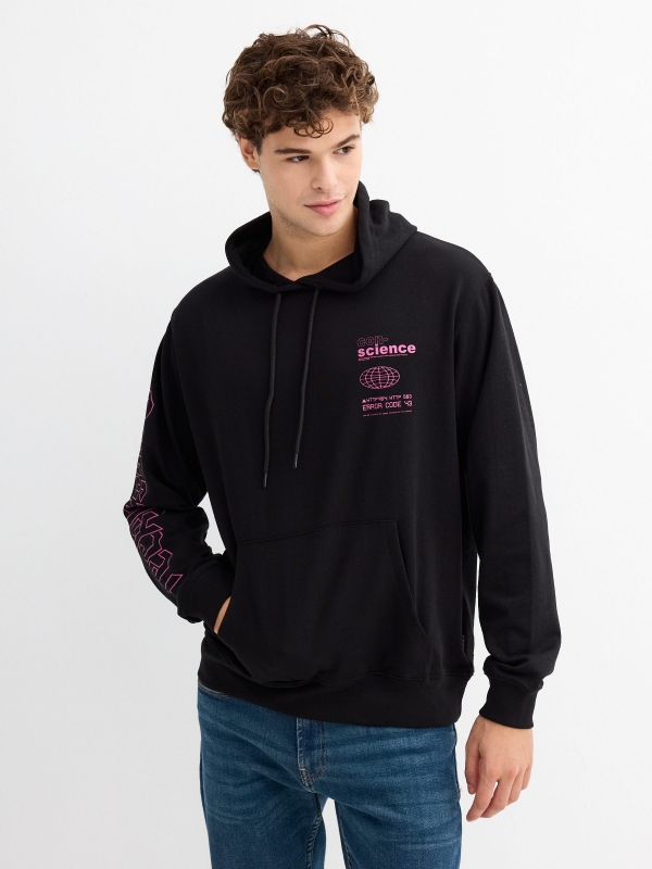 Print hooded sweatshirt black middle front view