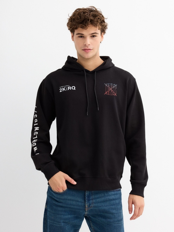 Print hooded sweatshirt black middle front view