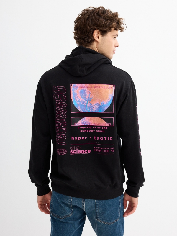 Print hooded sweatshirt black middle back view