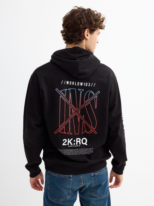 Print hooded sweatshirt black middle back view