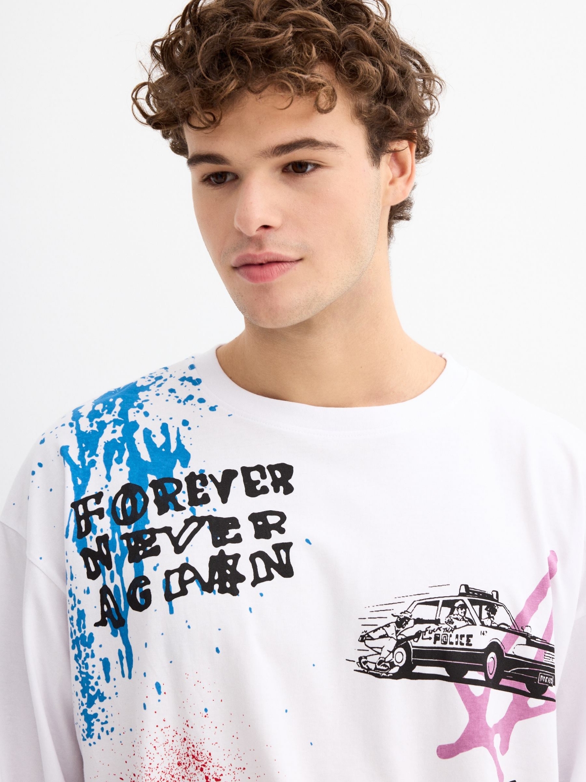 T-shirt print rally branco vista detalhe