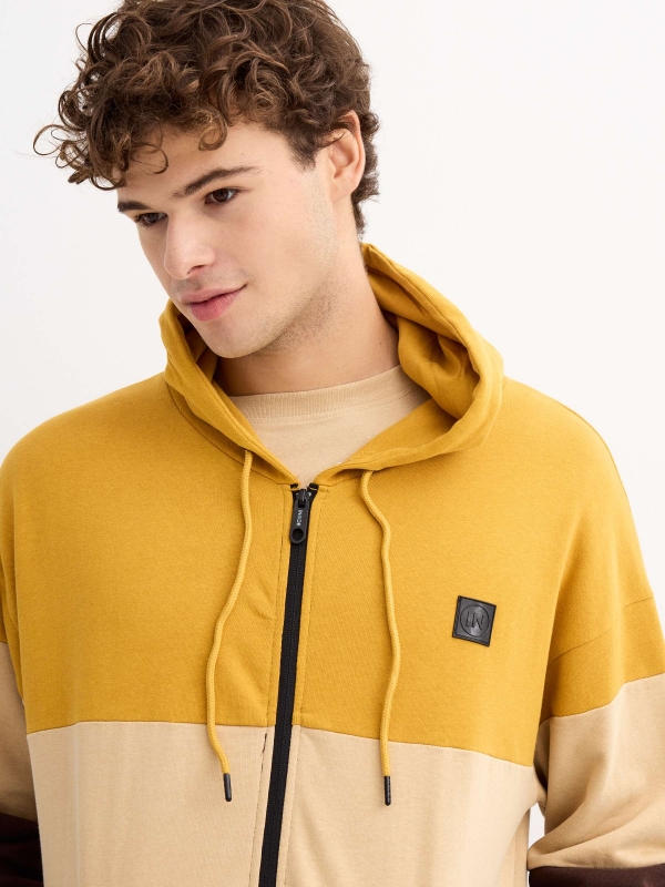 Sudadera con capucha color block marrón ocre vista detalle