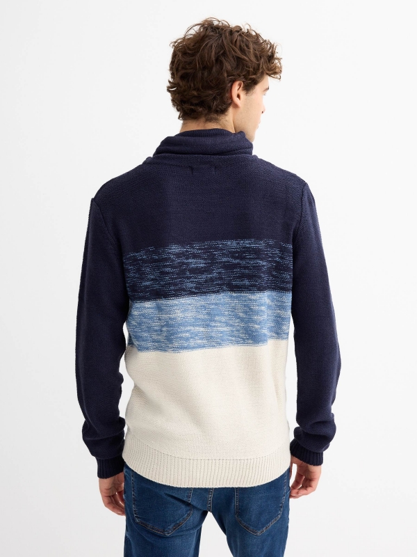 Blue mottled block turtleneck jumper navy middle back view