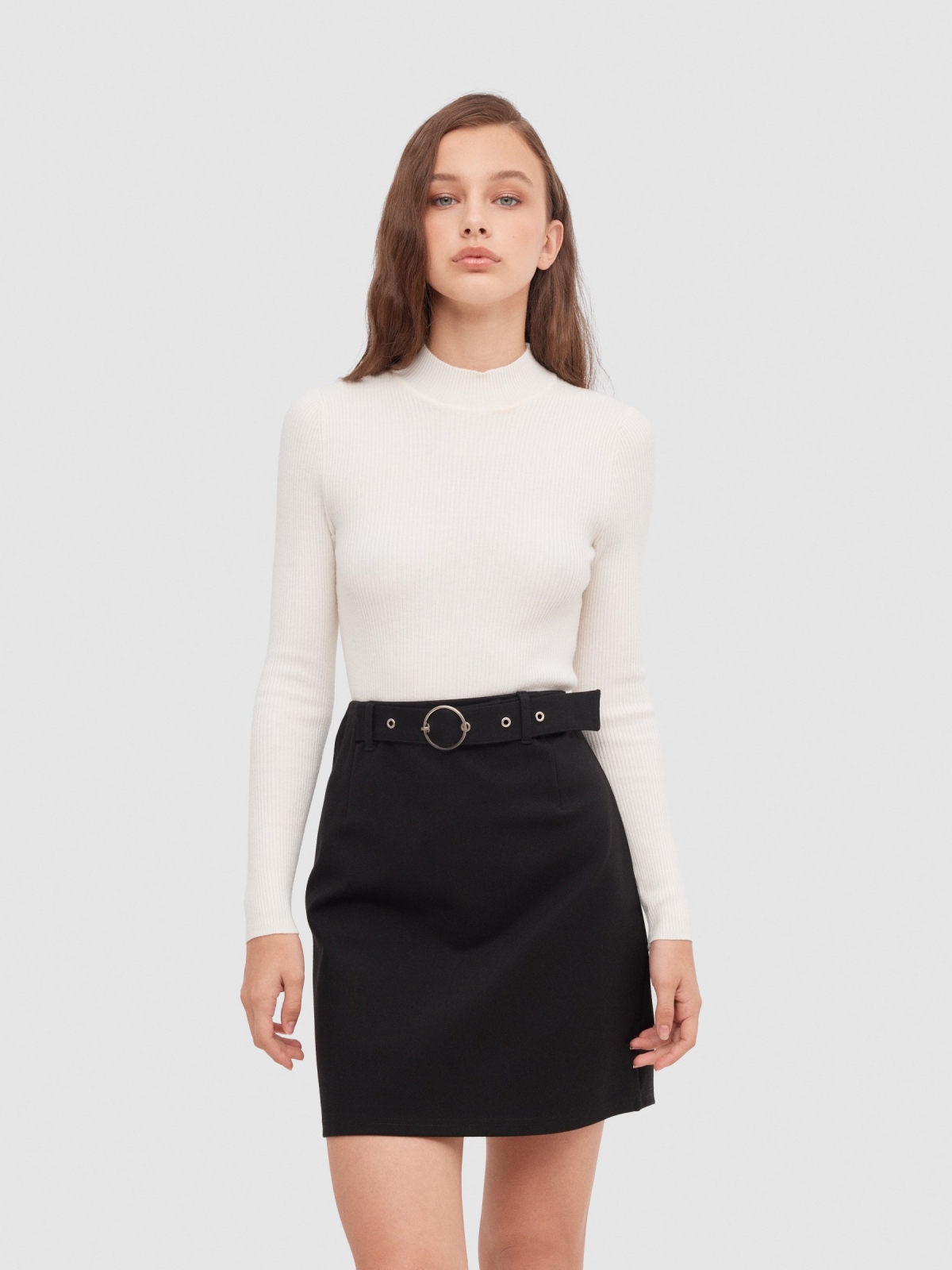 Black mini slim skirt with belt black middle front view