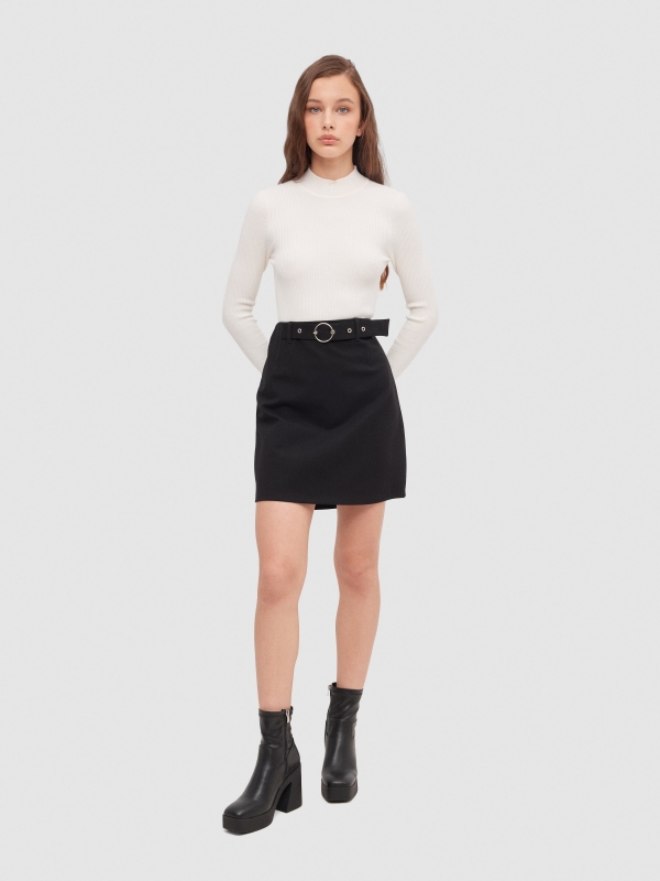 Black mini slim skirt with belt black front view