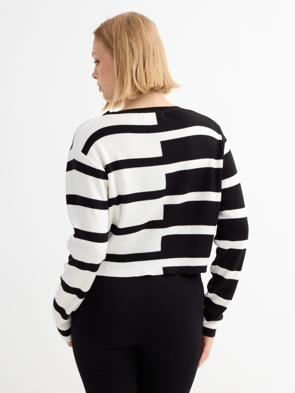 Black and white striped knitted crop sweater black/beige middle back view