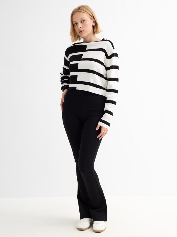 Black and white striped knitted crop sweater black/beige general front view